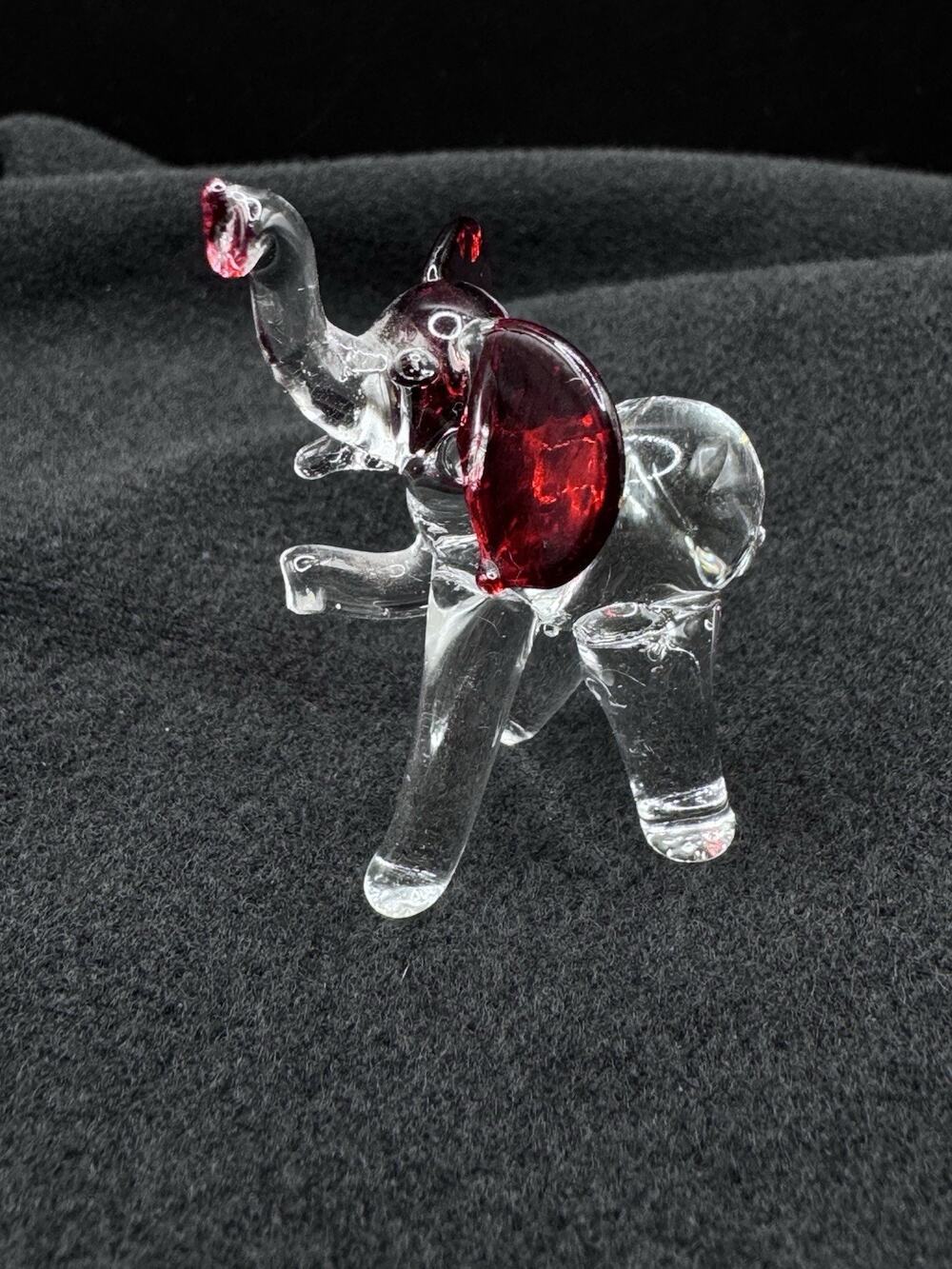 Hand Blown Murano Style Clear Red Art Glass Elephant Figurine Good Luck Trunk Up